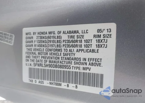 2013 Honda Odyssey Touring/Touring Elite from USA, damaged, VIN 5FNRL5H90DB080955